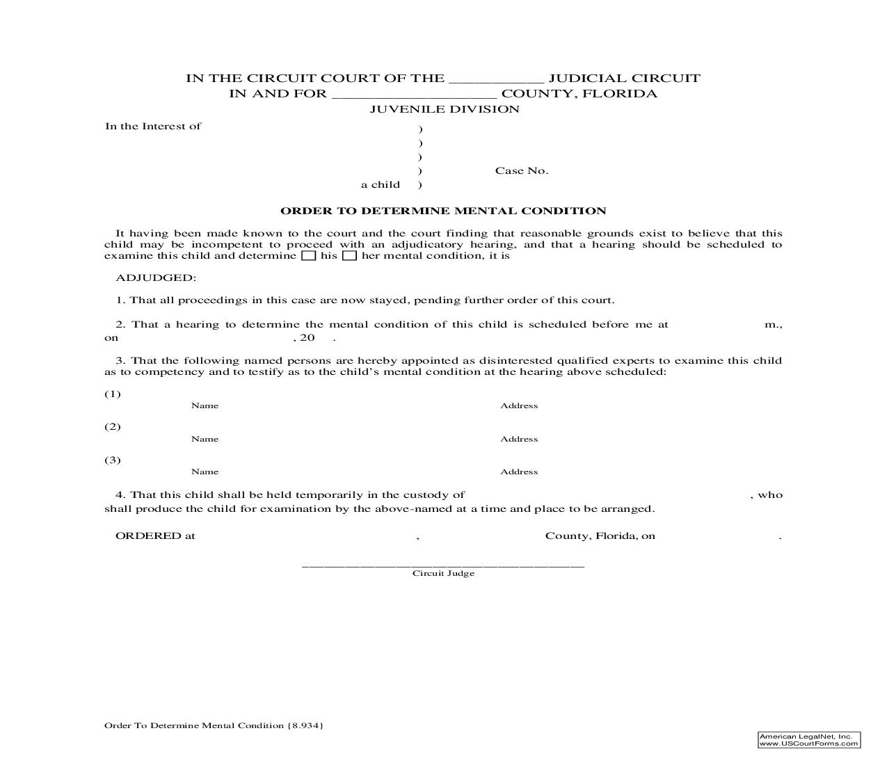 Order To Determine Mental Condition {8.934} | Pdf Fpdf Doc Docx | Florida