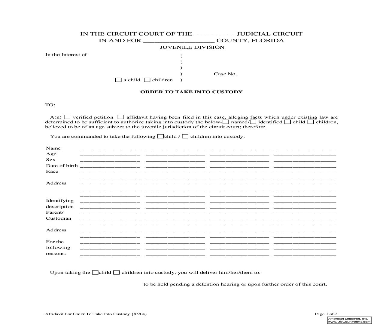 Order to Take into Custody {8.905} | Pdf Fpdf Doc Docx | Florida