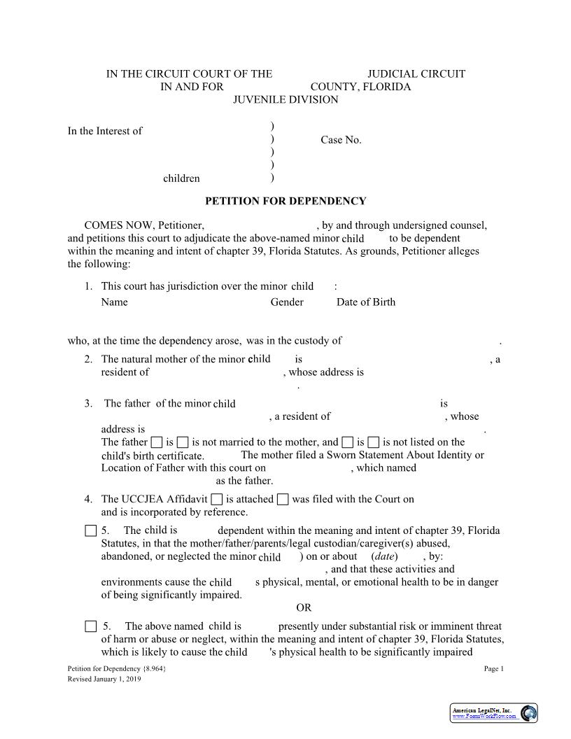 Petition For Dependency {8.964} | Pdf Fpdf Docx | Florida