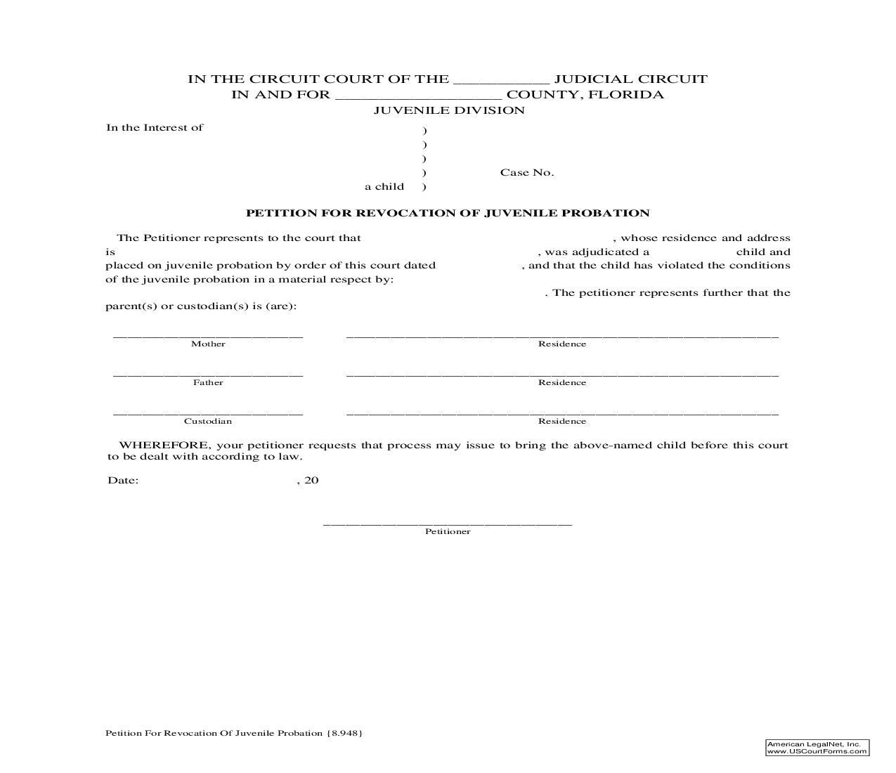 Petition For Revocation Of Juvenile Probation {8.948} | Pdf Fpdf Doc Docx | Florida