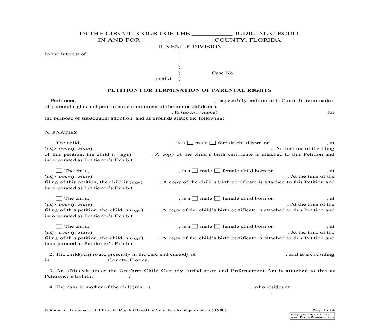 Petition For Termination Of Parental Rights (Based On Voluntary Relinquishment) {8.980} | Pdf Fpdf Doc Docx | Florida