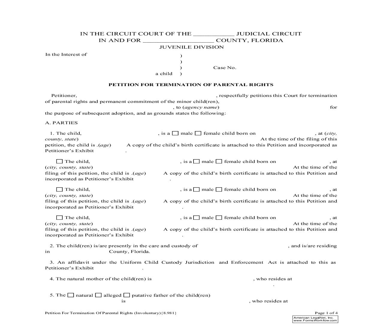Petition For Termination Of Parental Rights (Involuntary) {8.981} | Pdf Fpdf Doc Docx | Florida