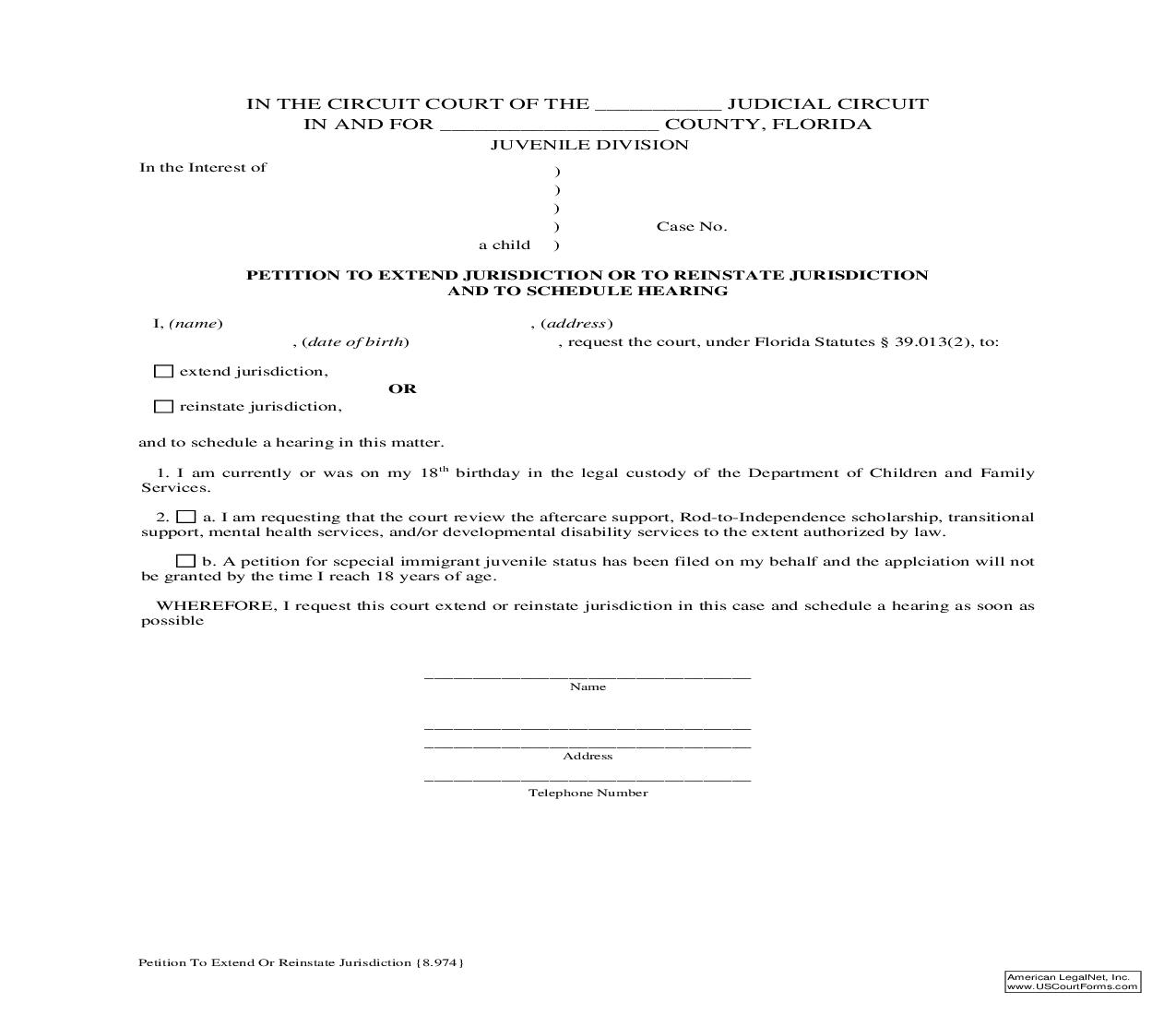 Petition To Extend Or Reinstate Jurisdiction {8.974} |  | Florida