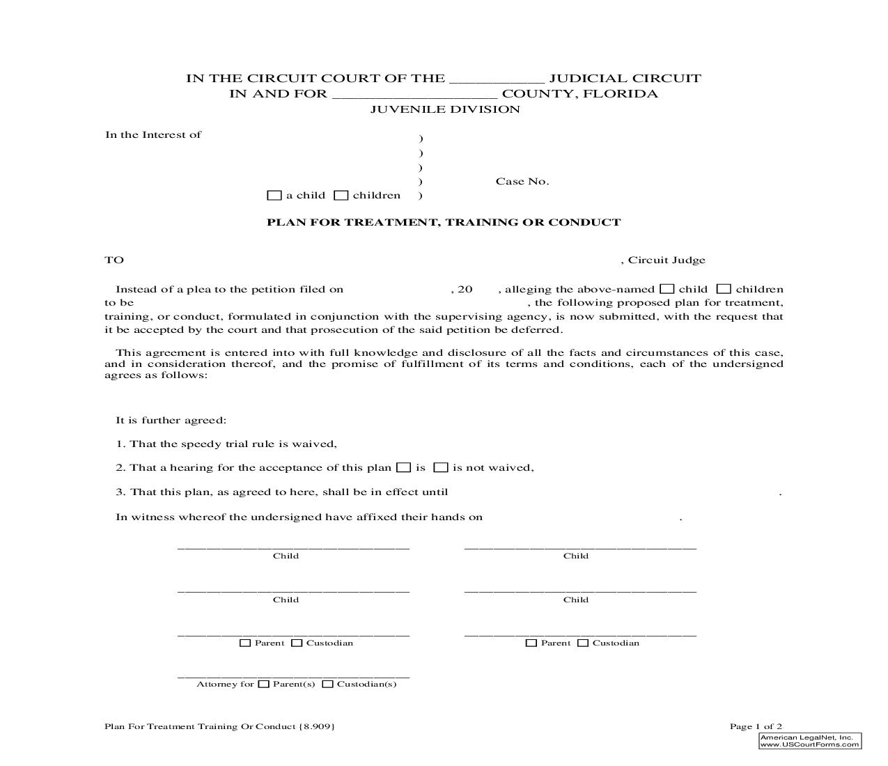 Plan For Treatment Training Or Conduct {8.909} | Pdf Fpdf Doc Docx | Florida