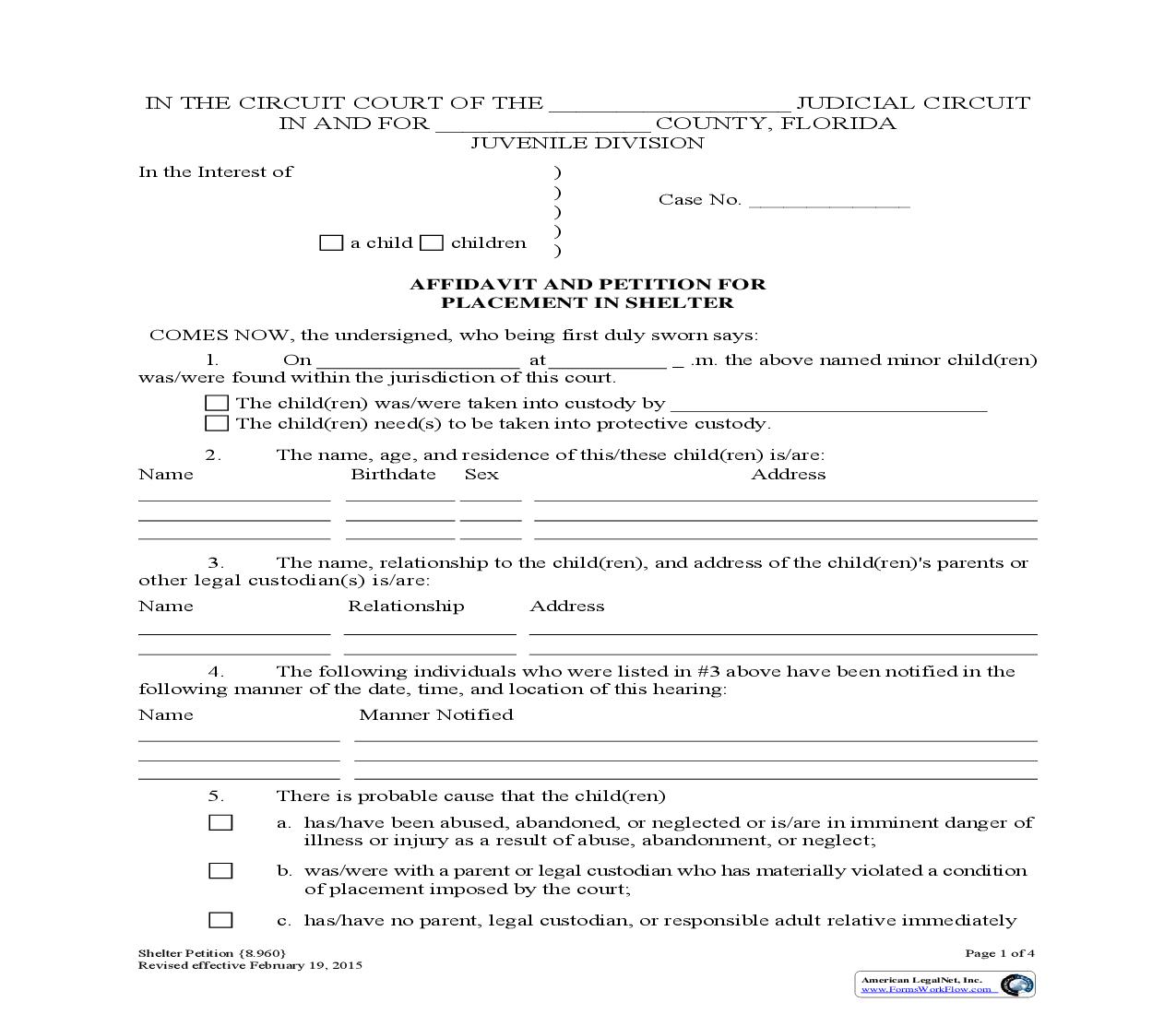 Shelter Petition {8.960} | Pdf Fpdf Doc Docx | Florida