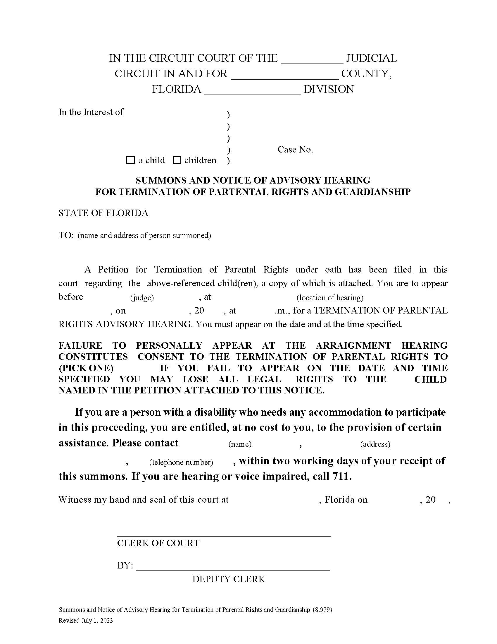 Summons For Advisory Hearing For Termination Of Parental Rights {8.979} | Pdf Fpdf Doc Docx | Florida