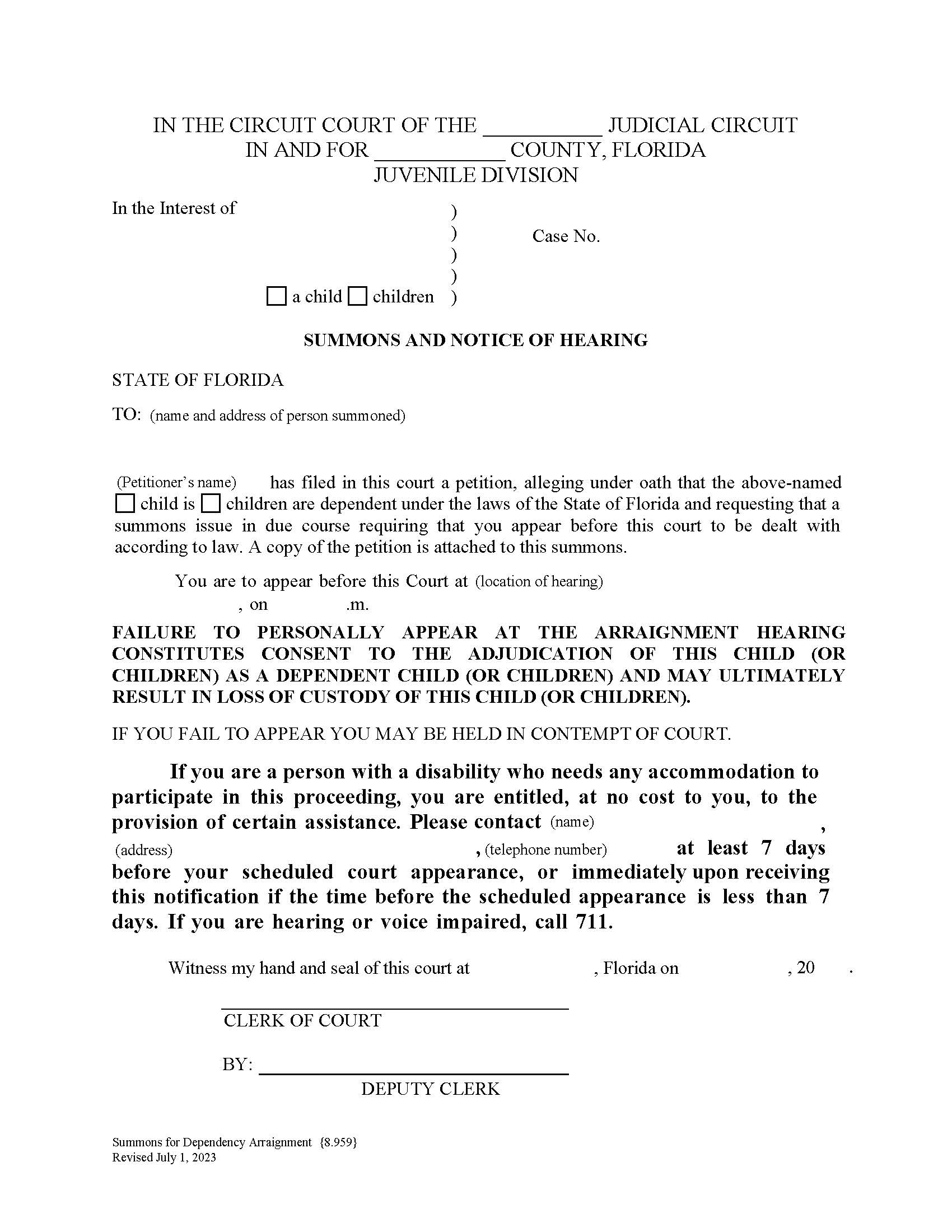 Summons For Dependency Arraignment {8.959} | Pdf Fpdf Doc Docx | Florida
