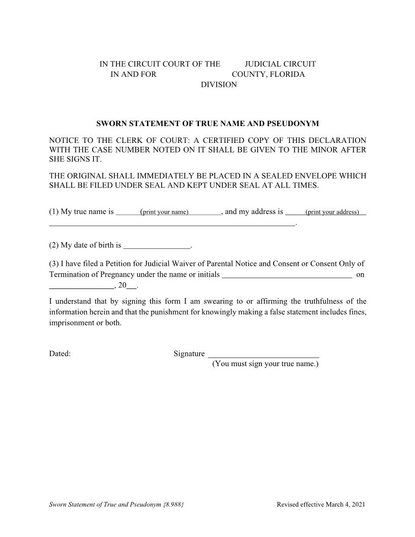 Sworn Statement Of True Name And Pseudonym {8.988} | Pdf Fpdf Doc Docx | Florida