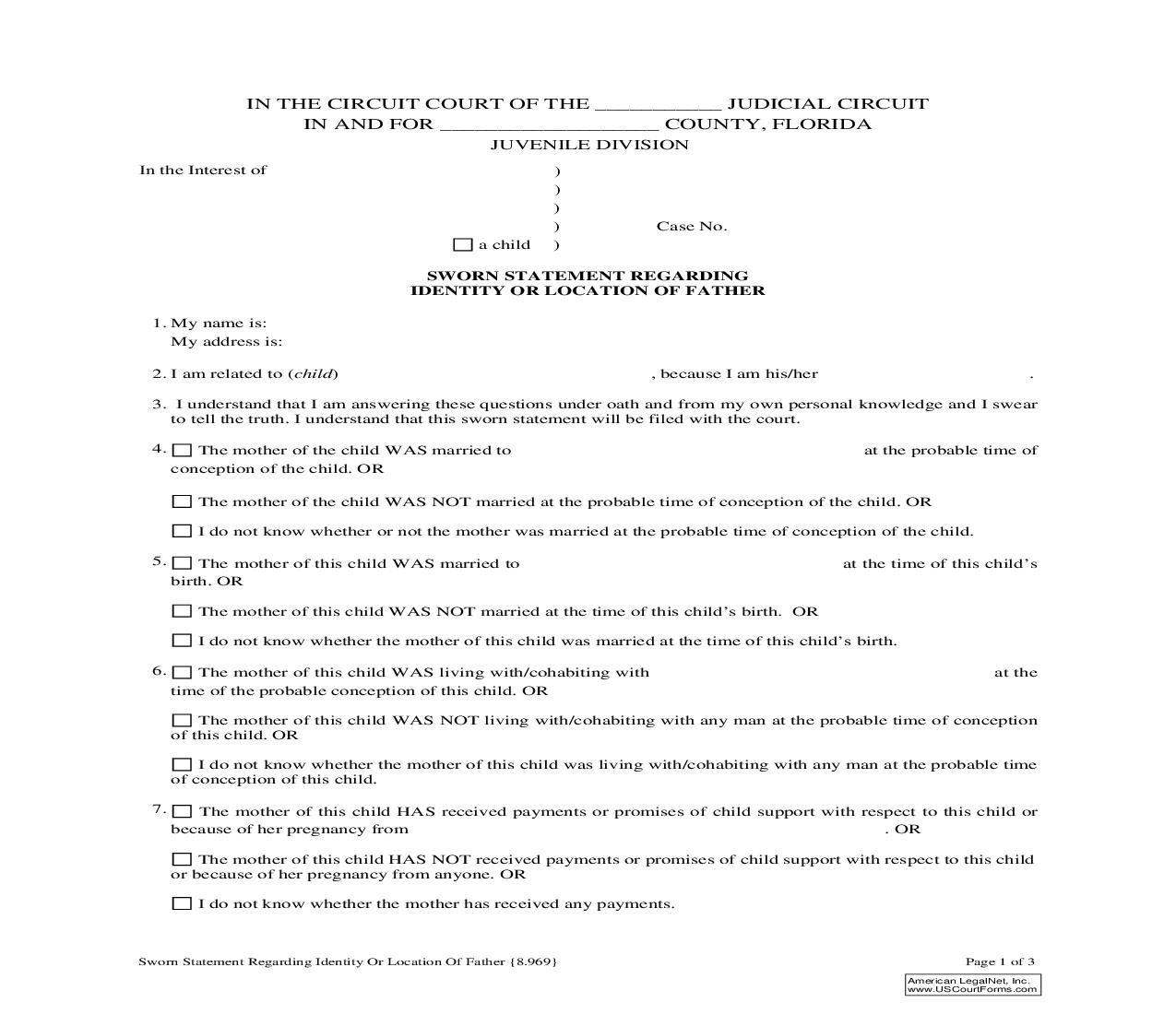 Sworn Statement Regarding Identity Or Location Of Father {8.969} | Pdf Fpdf Doc Docx | Florida
