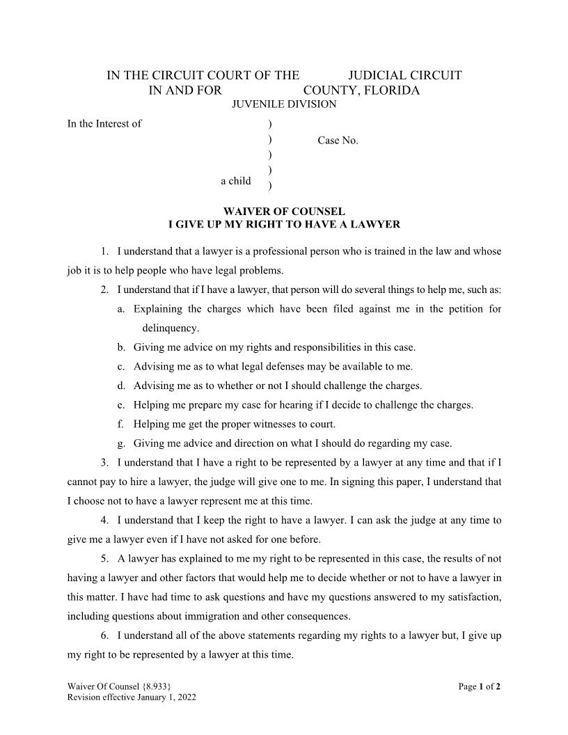 Waiver Of Counsel I Give Up My Right To Have A Lawyer {8.933} | Pdf Fpdf Docx | Florida