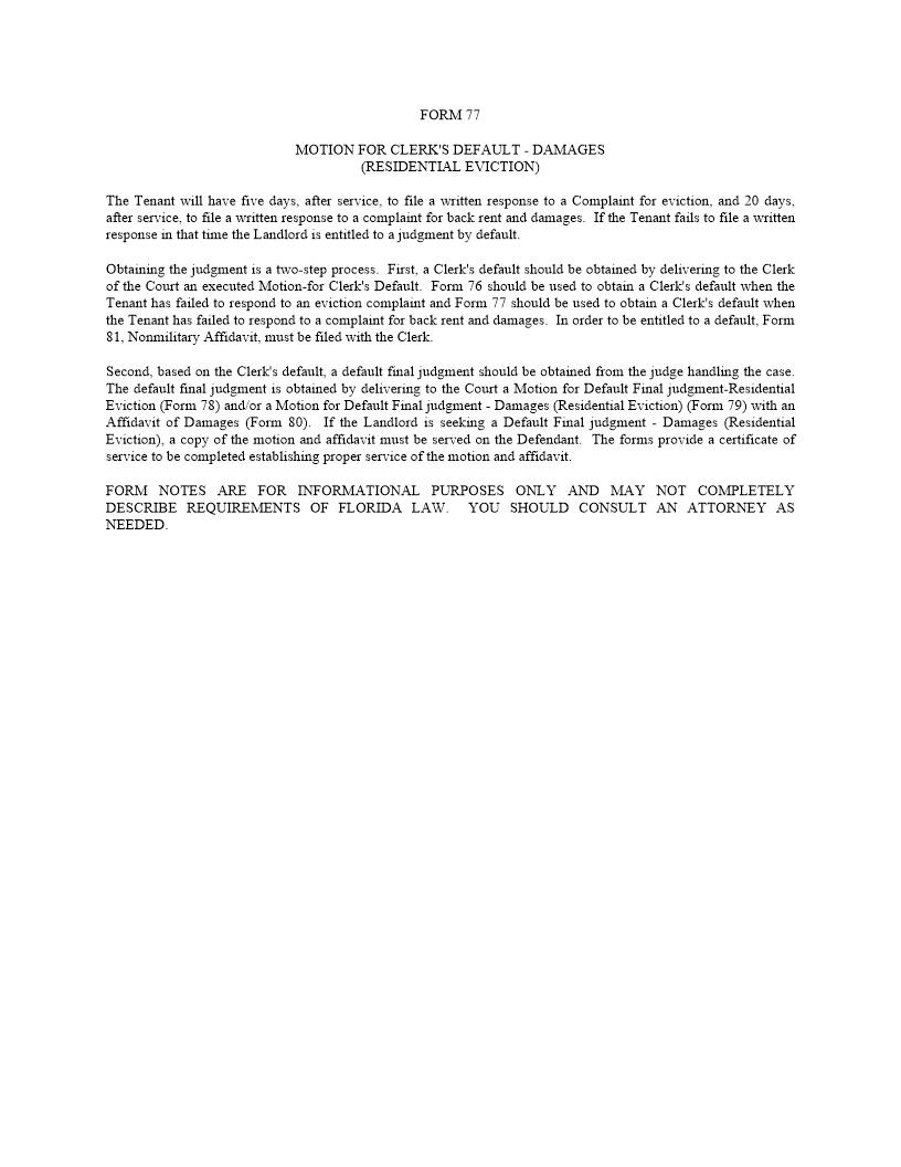 Motion For Clerks Default - Damages (Residential Eviction) | Pdf Fpdf Docx | Florida