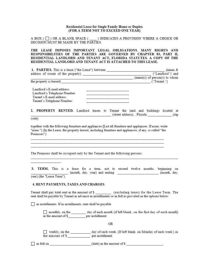 Residential Lease For Single Family Home Or Duplex | Pdf Fpdf Docx | Florida