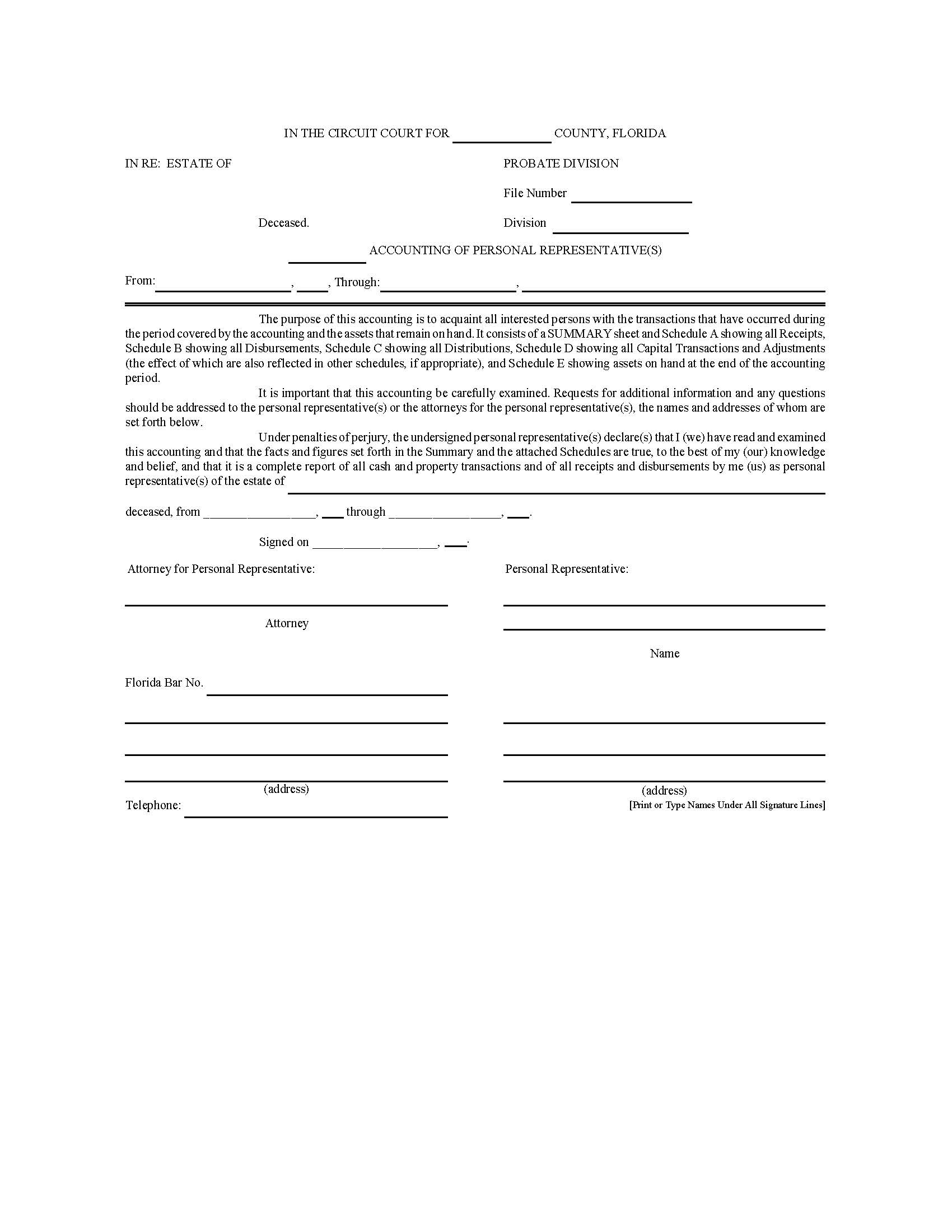 Accounting Of Personal Representative | Pdf Fpdf Doc Docx | Florida