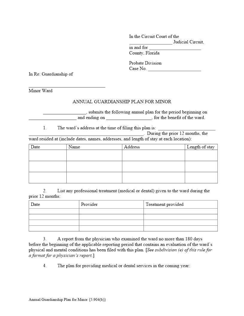 Annual Guardianship Plan For Minor {5.904(b)} | Pdf Fpdf Docx | Florida