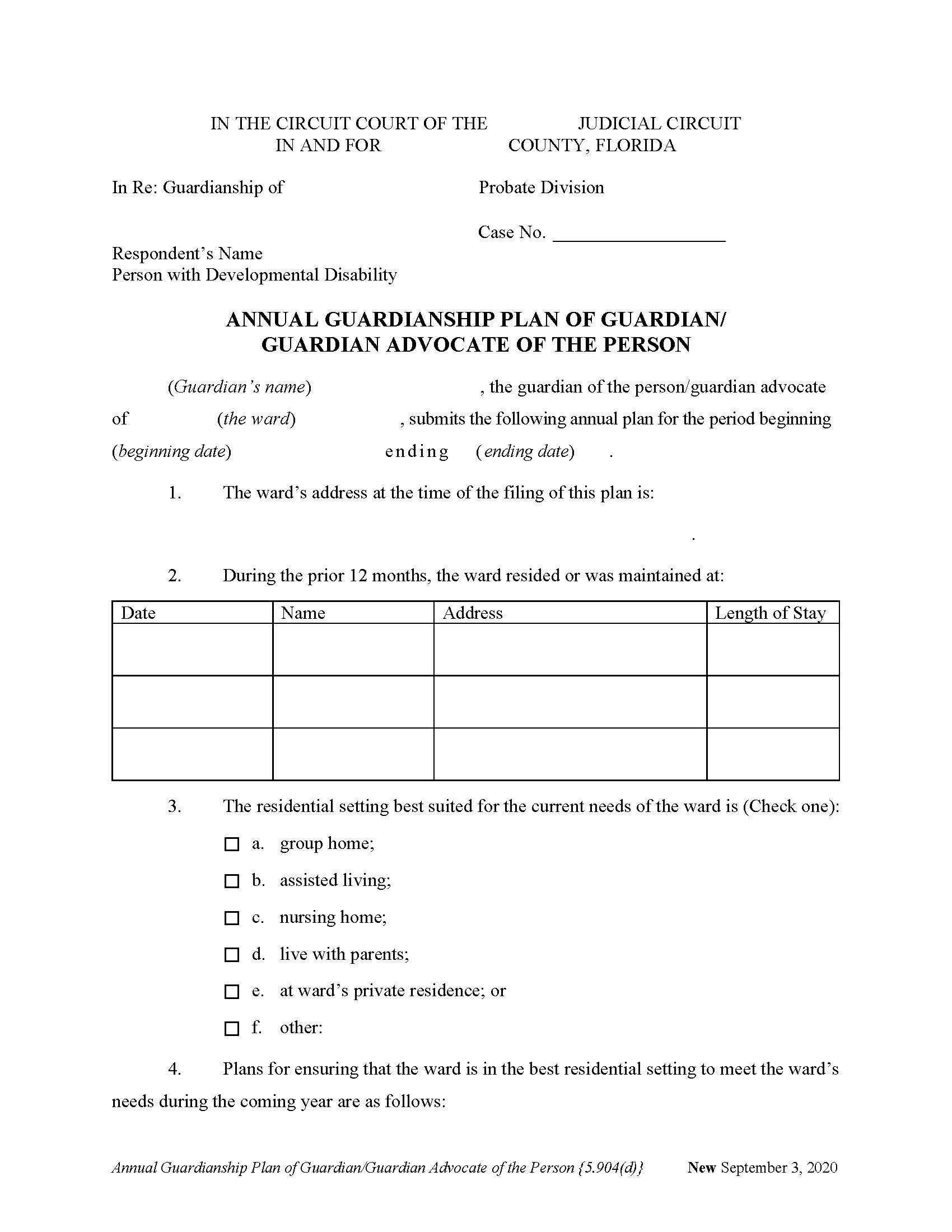 Annual Guardianship Plan Of Guardian-Guardian Advocate Of The Person {5.904(d)} | Pdf Fpdf Docx | Florida