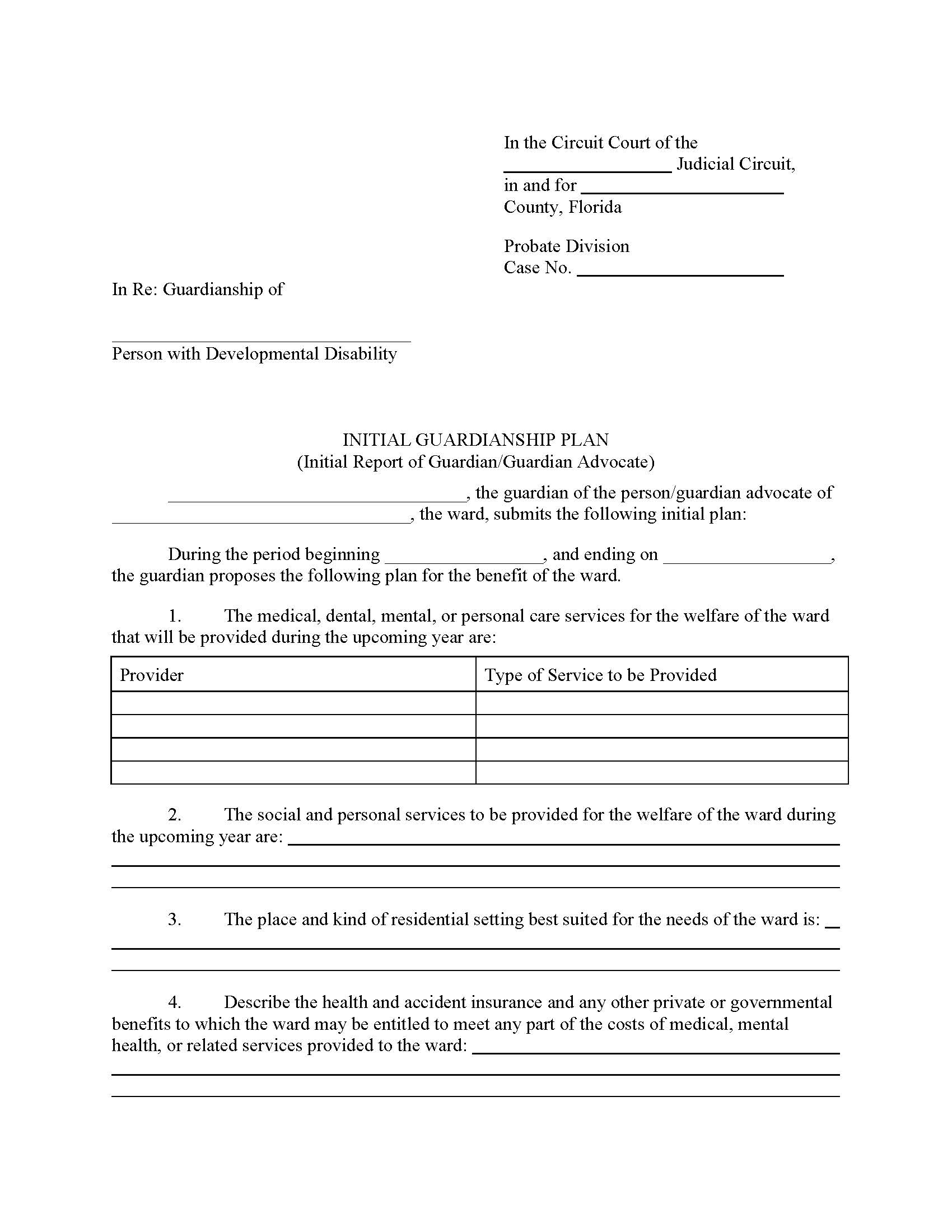 Initial Guardianship Plan (Initial Report Of Guardian-Guardian Advocate {5.904(c)} | Pdf Fpdf Docx | Florida