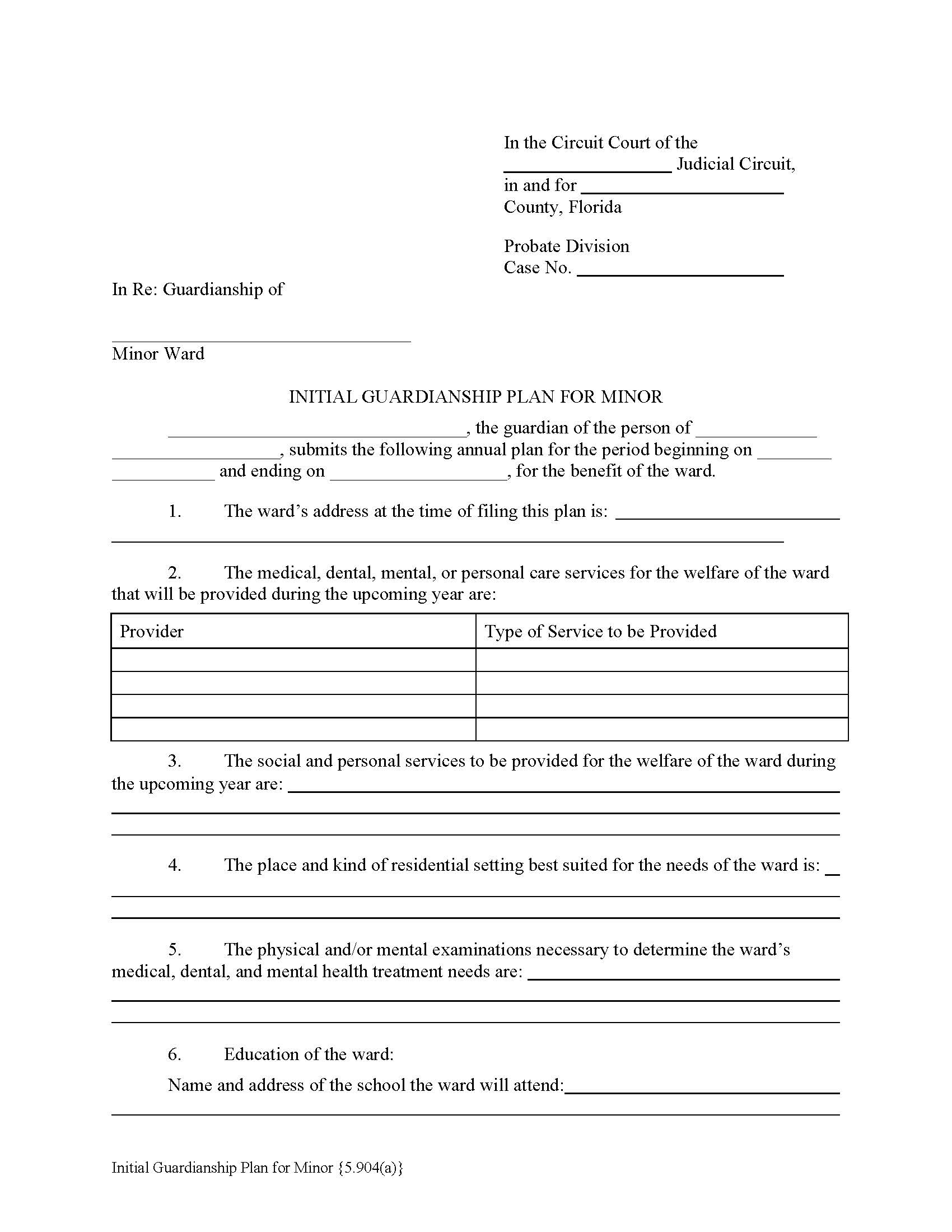 Initial Guardianship Plan For Minor {5.904(a)} | Pdf Fpdf Docx | Florida
