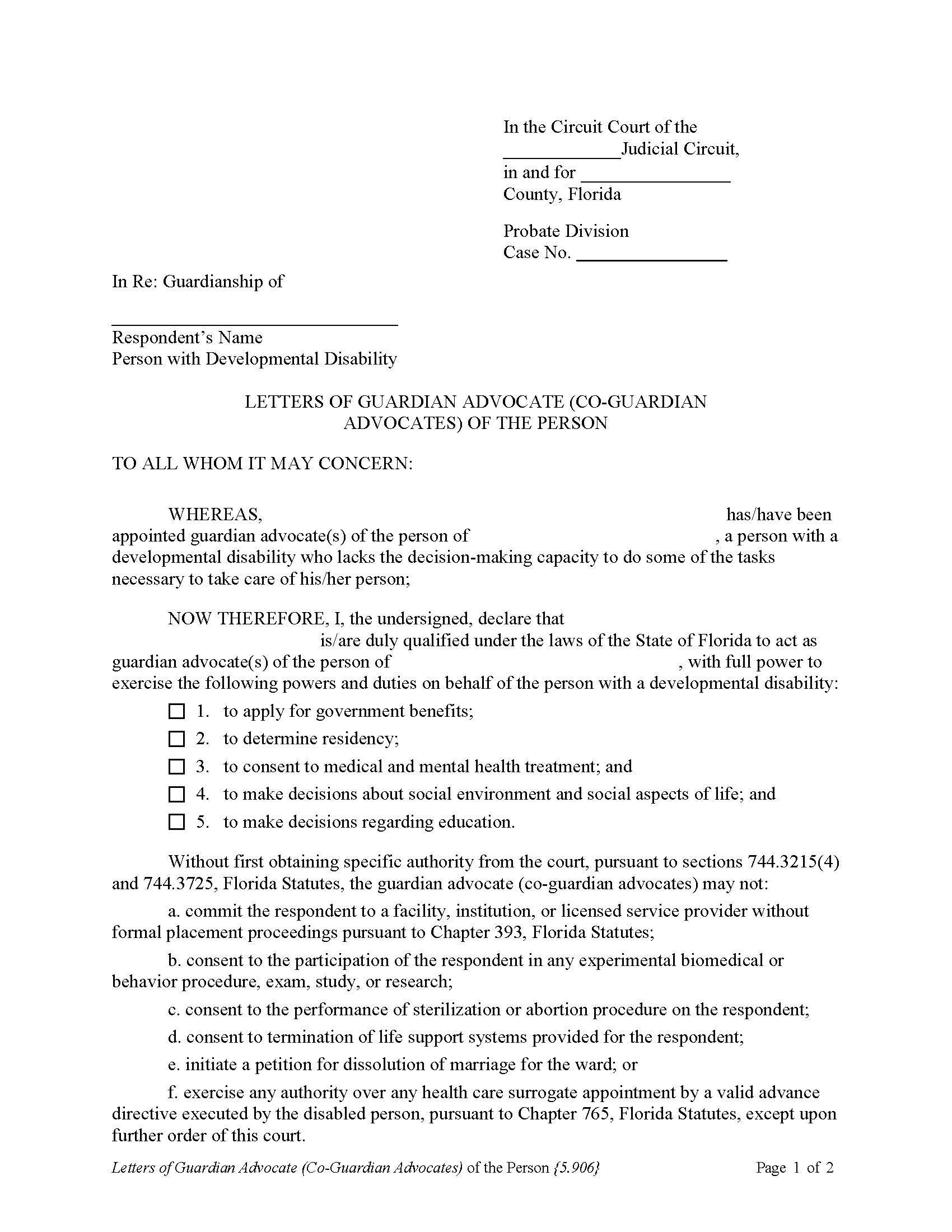 Letters Of (Co-)Guardian Advocate(s) Of The Person {5.906} | Pdf Fpdf Docx | Florida