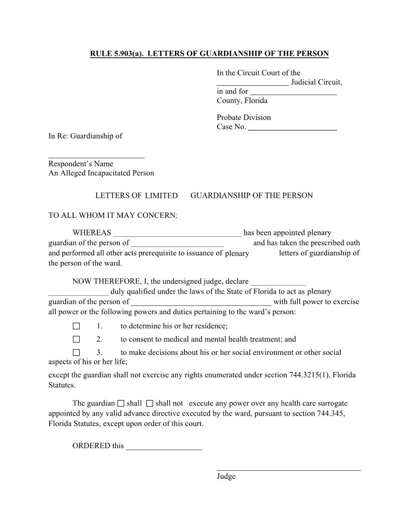Letters Of Guardianship Of The Person {5.903(a)} | Pdf Fpdf Docx | Florida