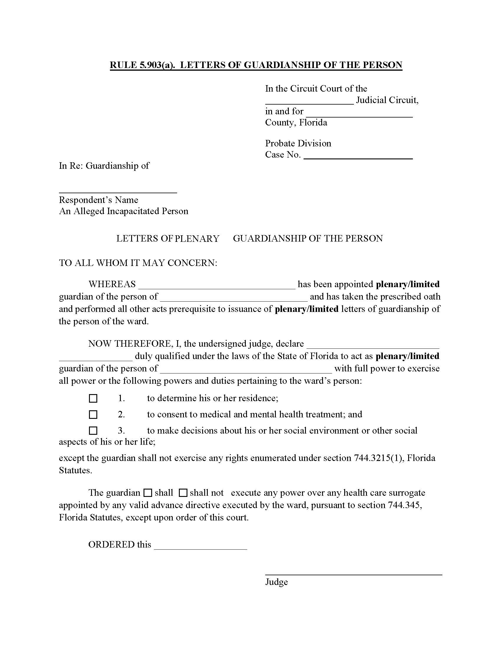 Letters Of Guardianship Of The Person {5.903(a)} | Pdf Fpdf Docx | Florida