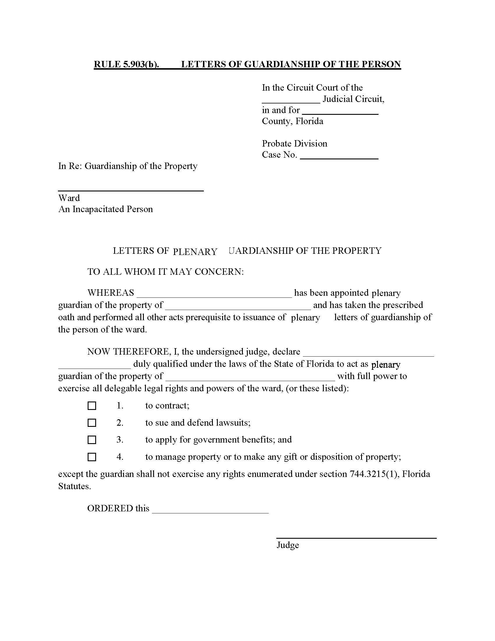 Letters Of Guardianship Of The Property {5.903(b)} | Pdf Fpdf Docx | Florida