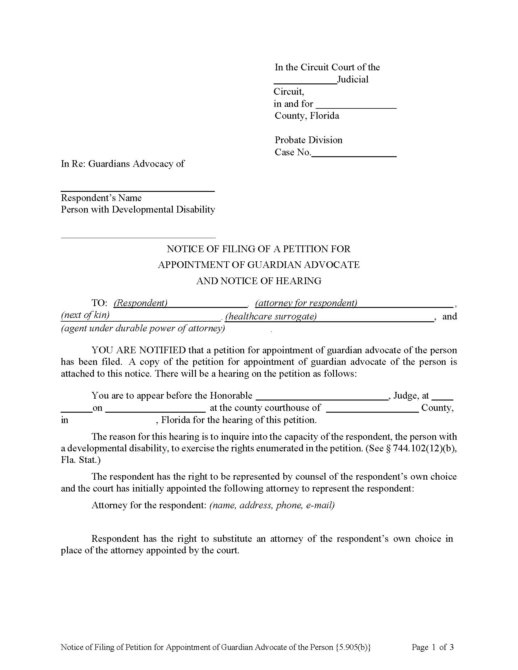 Notice Of Filing Petition Appointment Of Guardian Advocate Of Person {5.905(b)} | Pdf Fpdf Docx | Florida