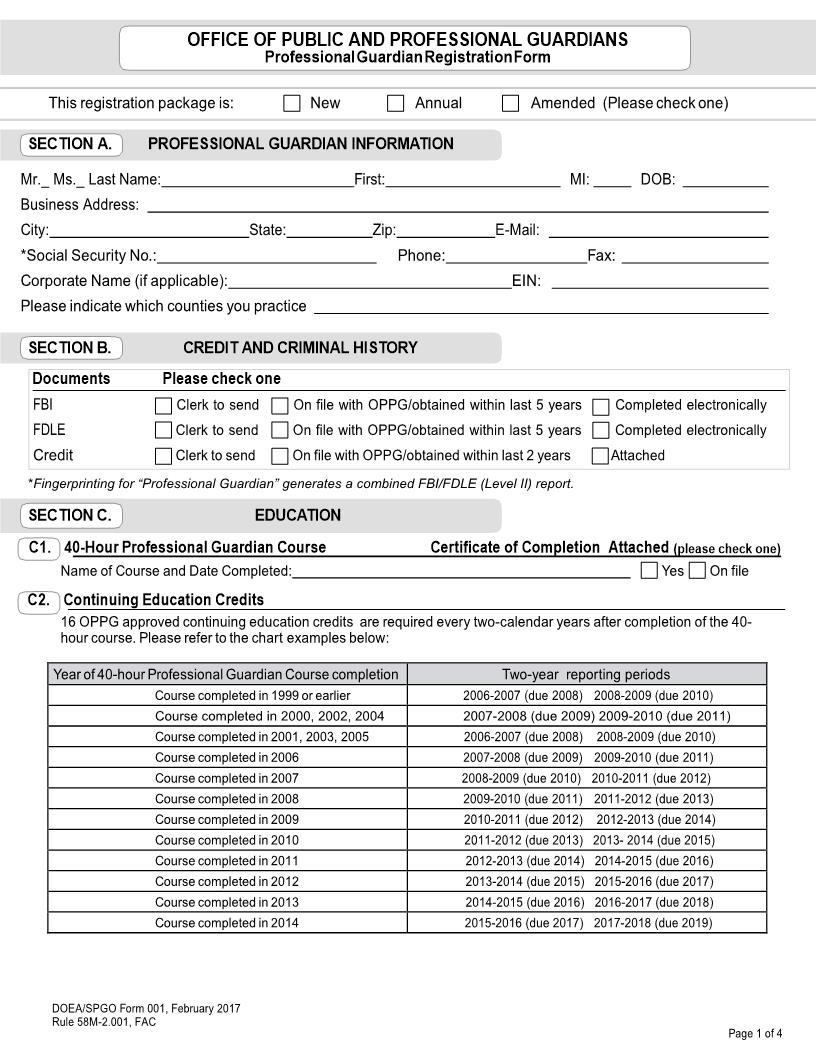 Office Of Public And Professional Guardians Professional Guardian Registration Form | Pdf Fpdf Docx | Florida