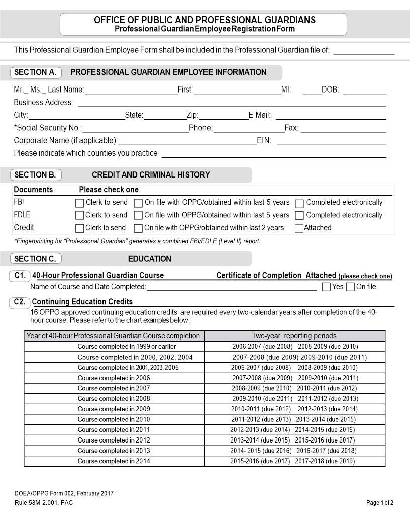 Office Of Public Professional Guardians Professional Guardian Employee Registration Form | Pdf Fpdf Docx | Florida
