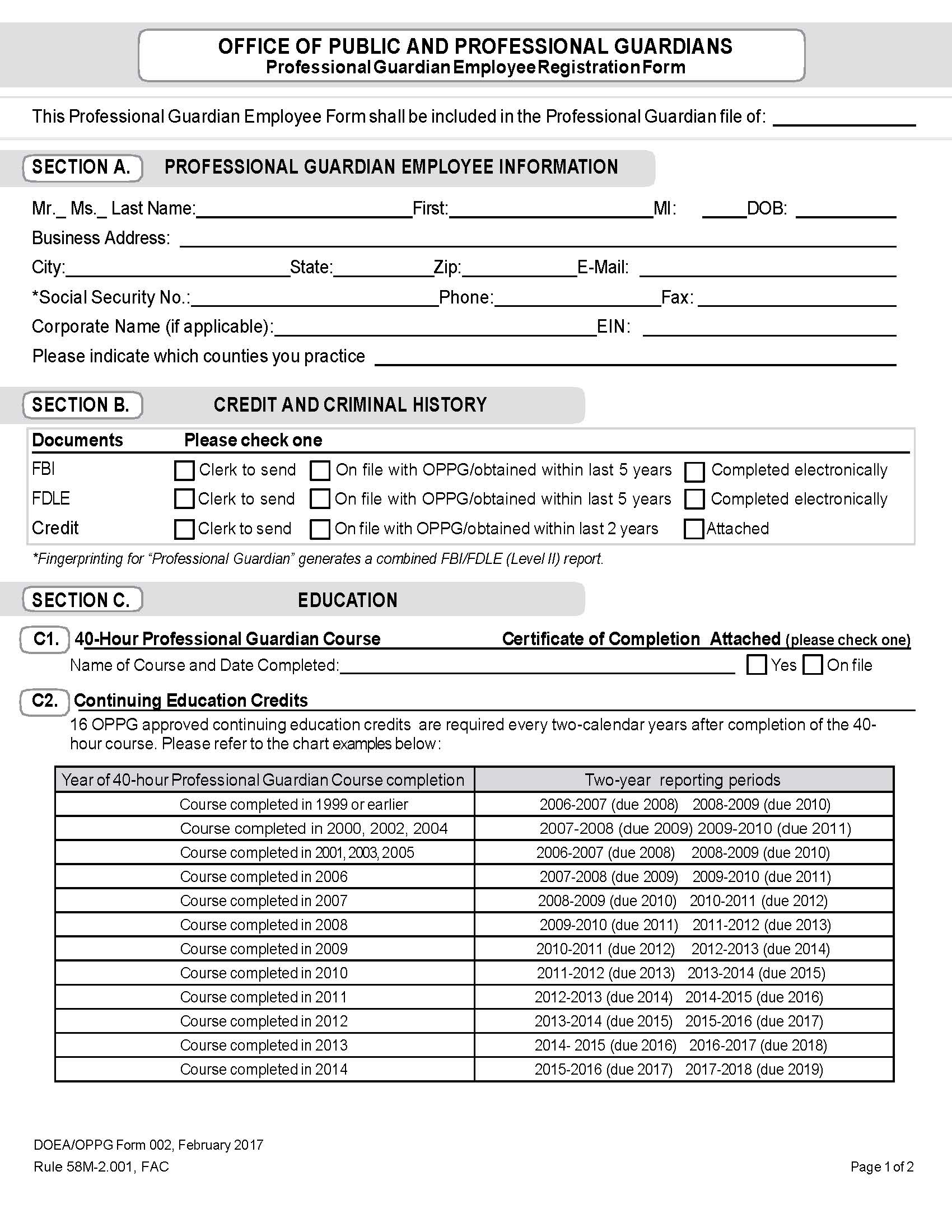 Office Of Public Professional Guardians Professional Guardian Employee Registration Form | Pdf Fpdf Docx | Florida