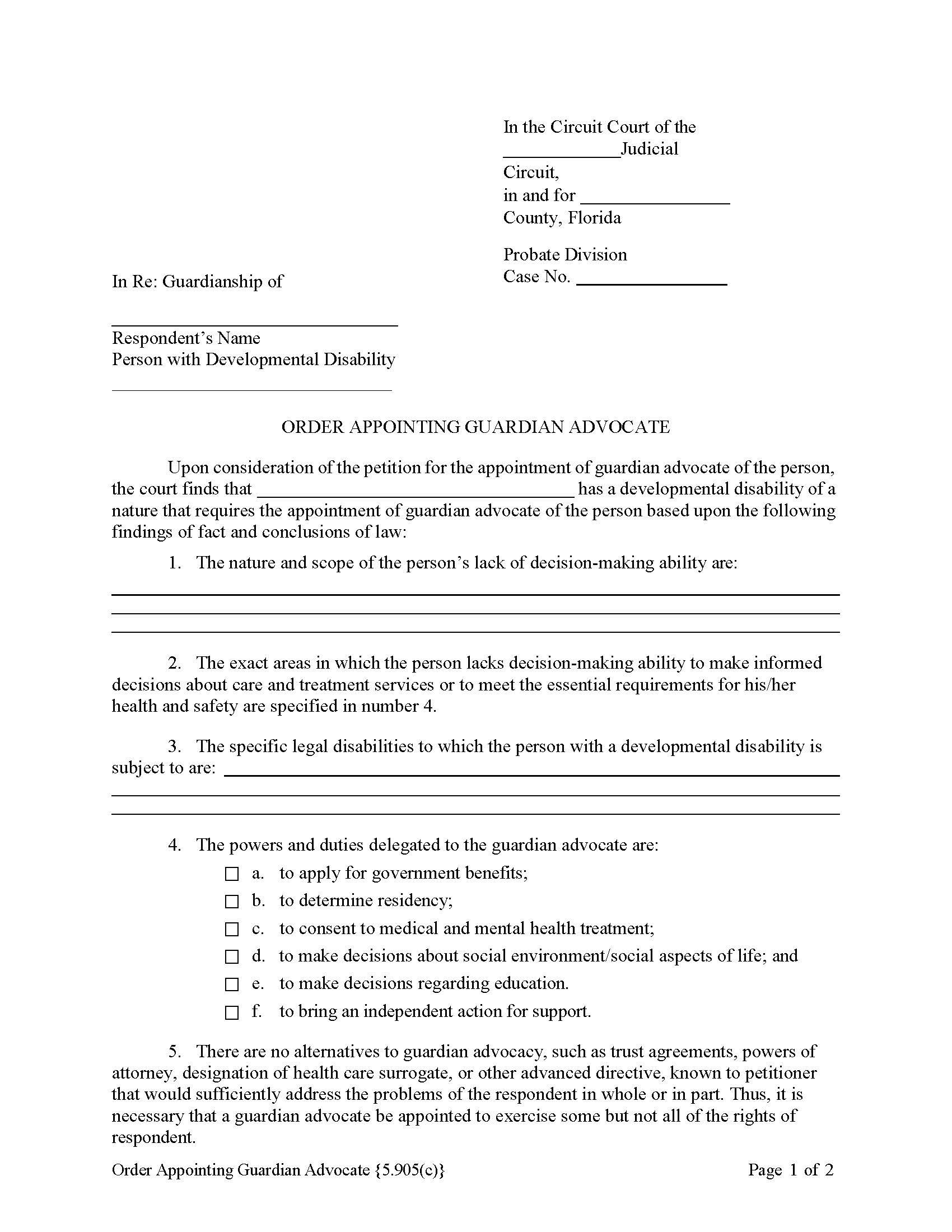 Order Appointing Guardian Advocate {5.905(c)} | Pdf Fpdf Docx | Florida