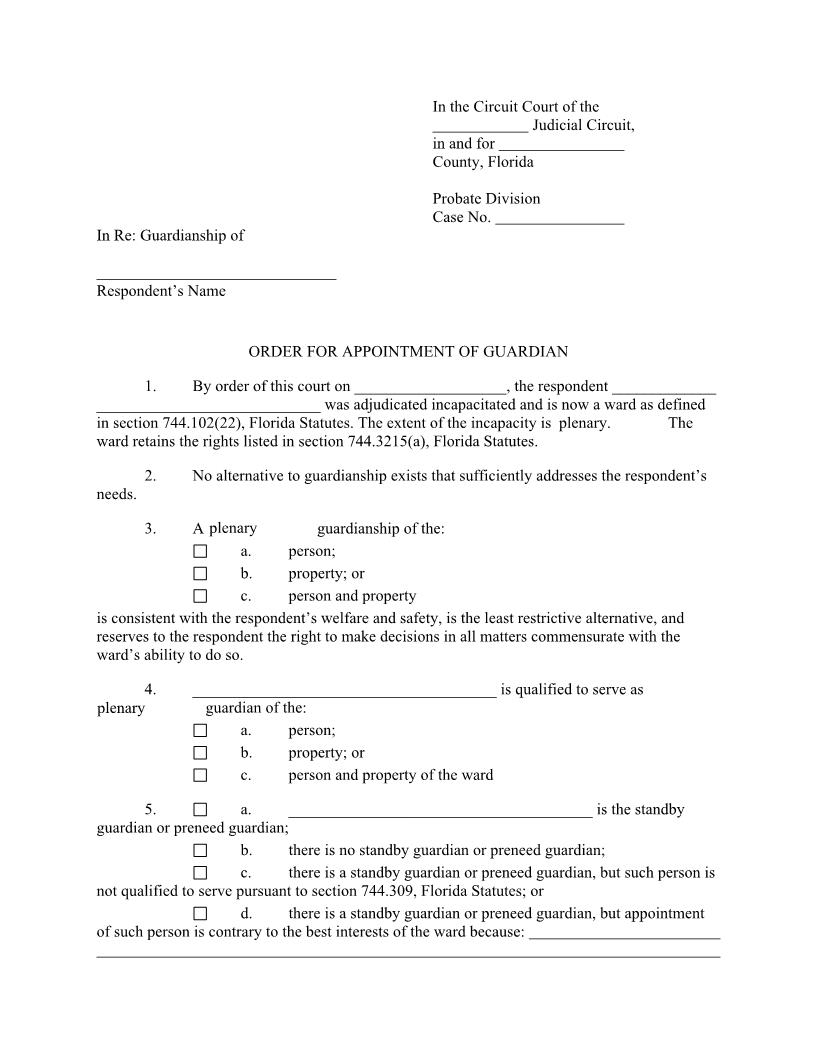 Order For Appointment Of Guardian {5.902(b)} | Pdf Fpdf Docx | Florida