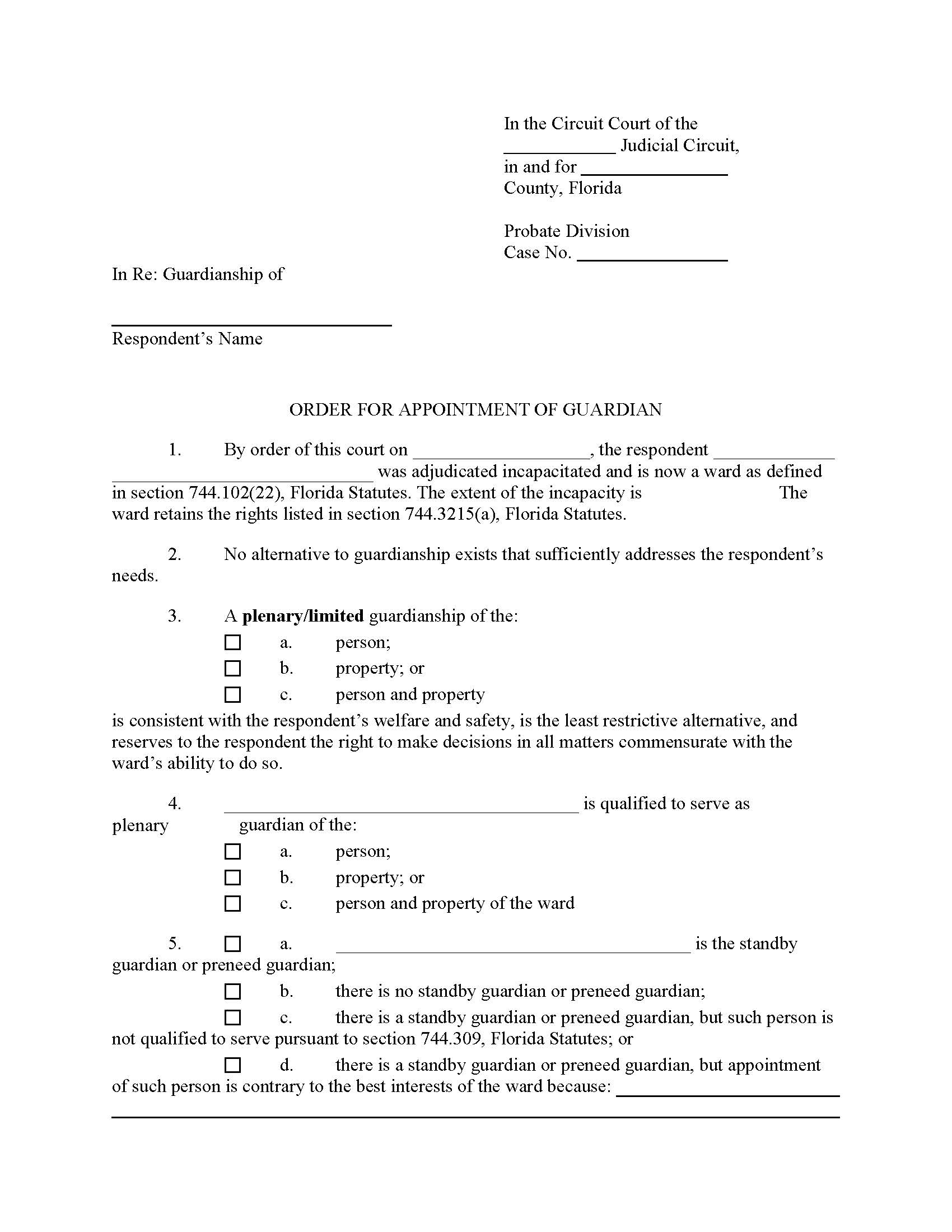 Order For Appointment Of Guardian {5.902(b)} | Pdf Fpdf Docx | Florida