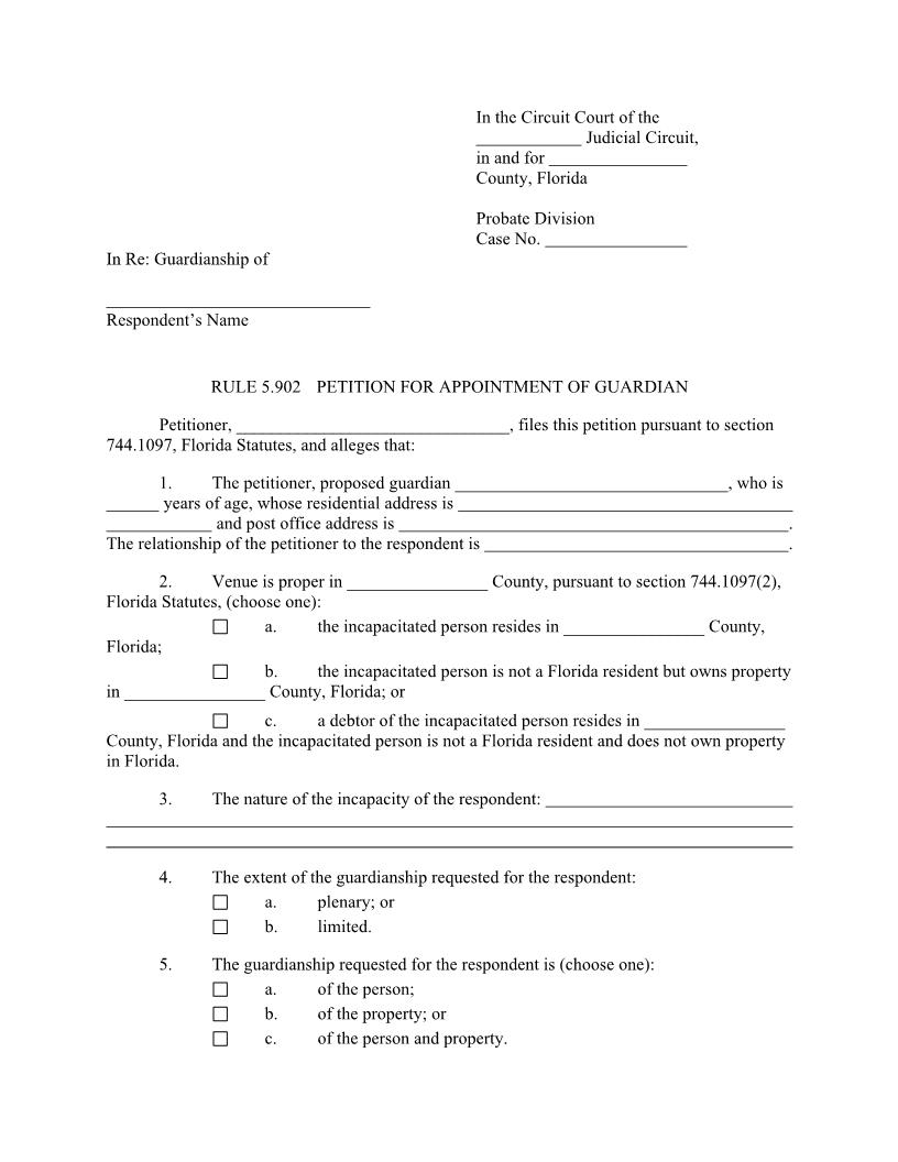 Petition For Appointment Of Guardian {5.902(a)} | Pdf Fpdf Docx | Florida