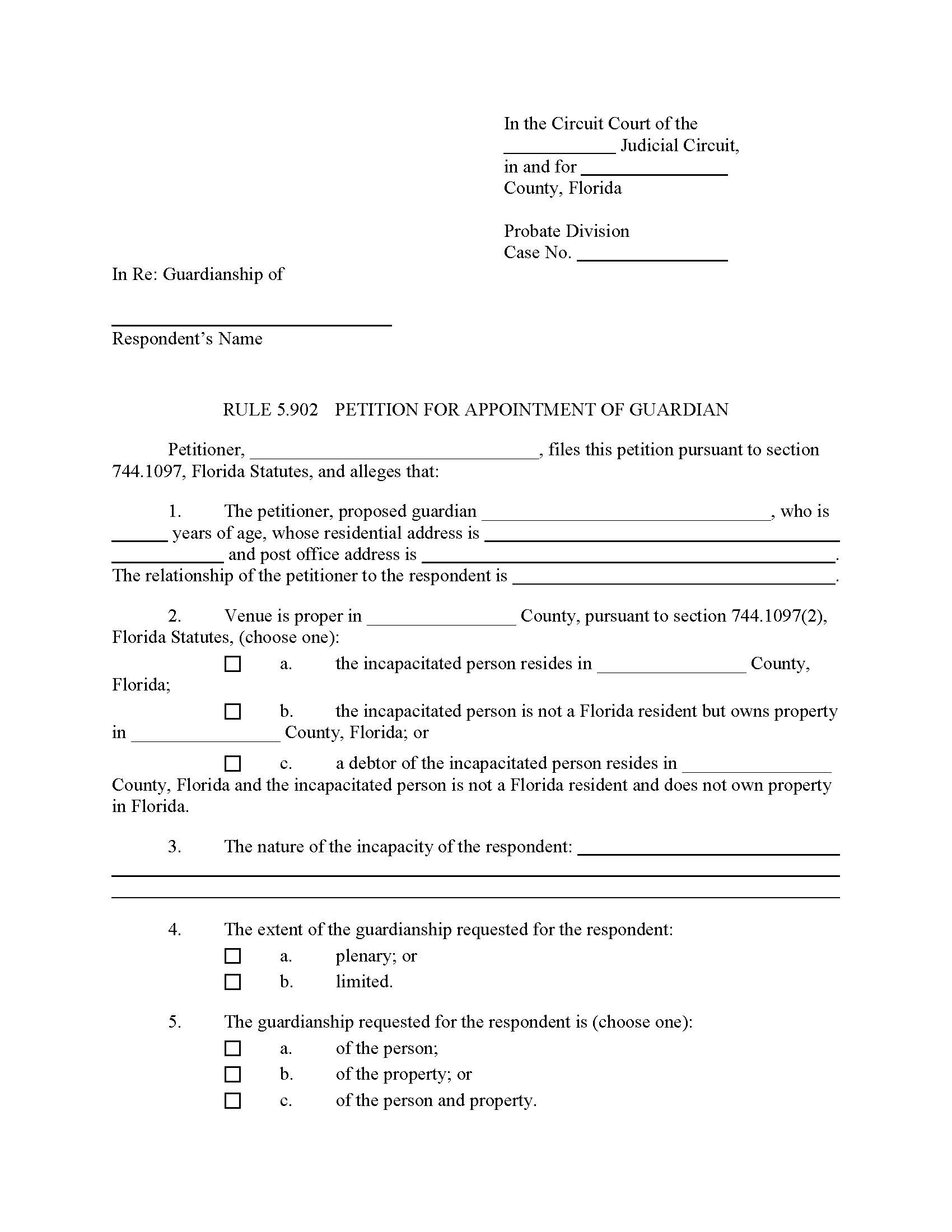 Petition For Appointment Of Guardian {5.902(a)} | Pdf Fpdf Docx | Florida