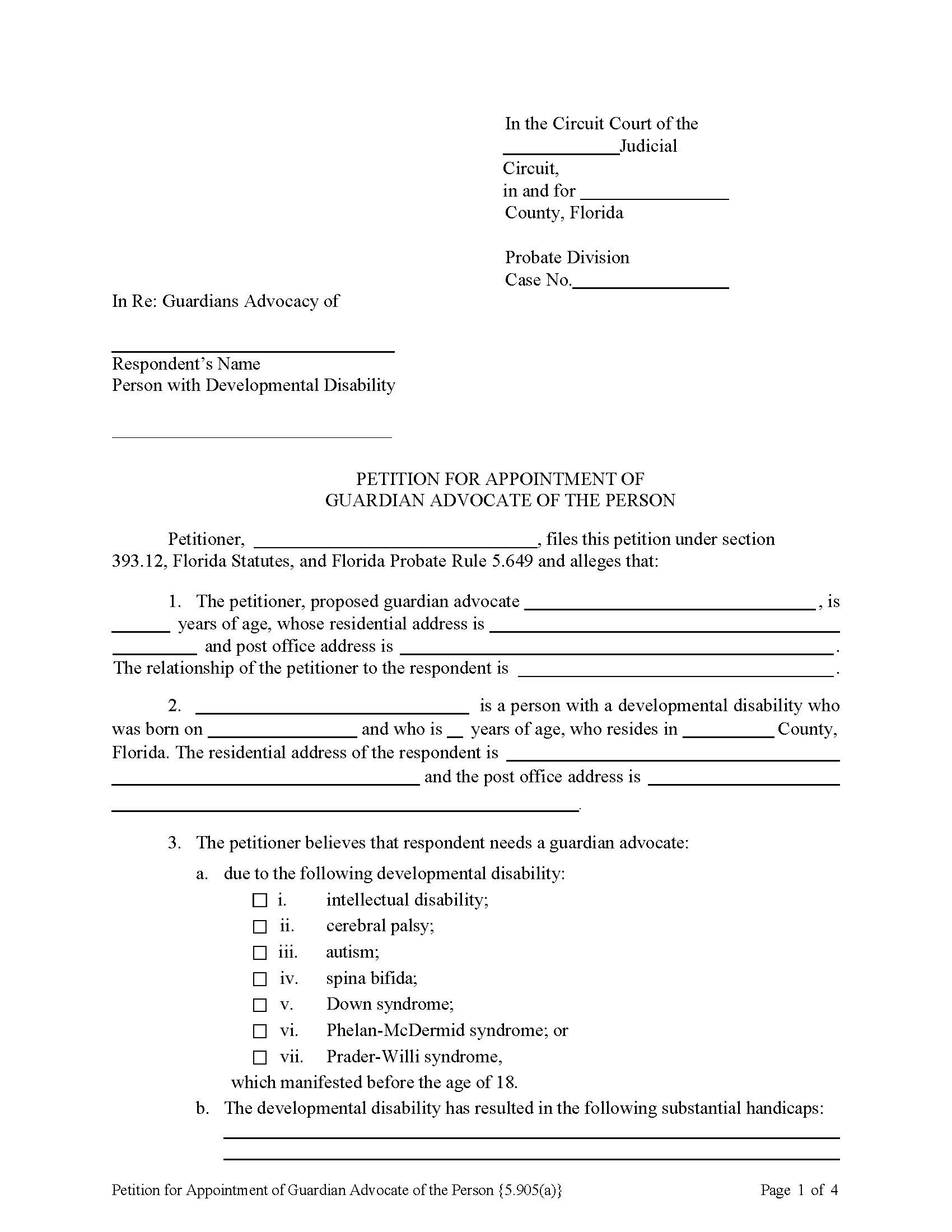 Petition For Appointment Of Guardian Advocate Of The Person {5.905(a)} | Pdf Fpdf Docx | Florida
