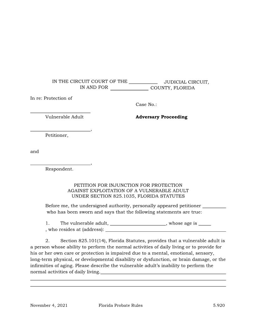 Petition For Injunction For Protection Against Exploitation Of Vulnerable Adult {5.920} | Pdf Fpdf Docx | Florida