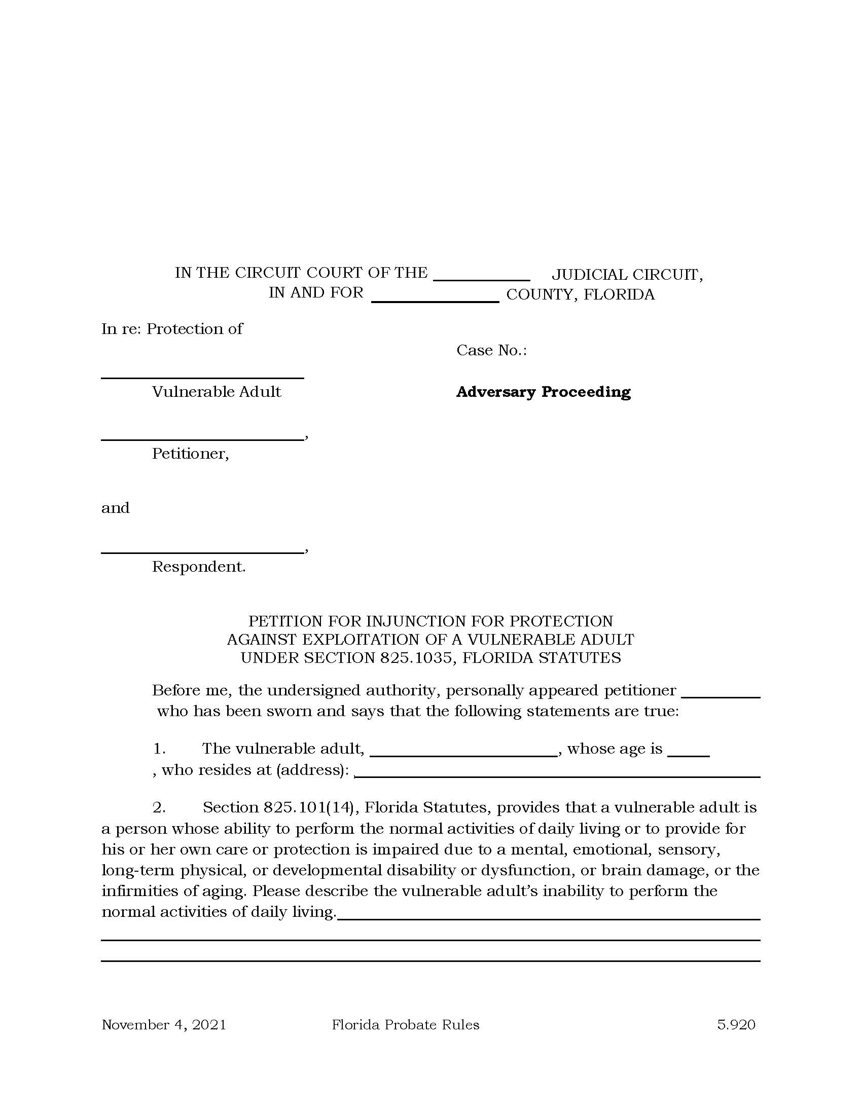 Petition For Injunction For Protection Against Exploitation Of Vulnerable Adult {5.920} | Pdf Fpdf Docx | Florida