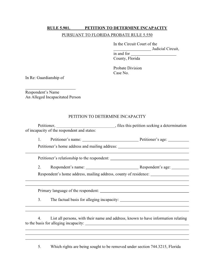 Petition To Determine Incapacity {5.901} | Pdf Fpdf Docx | Florida