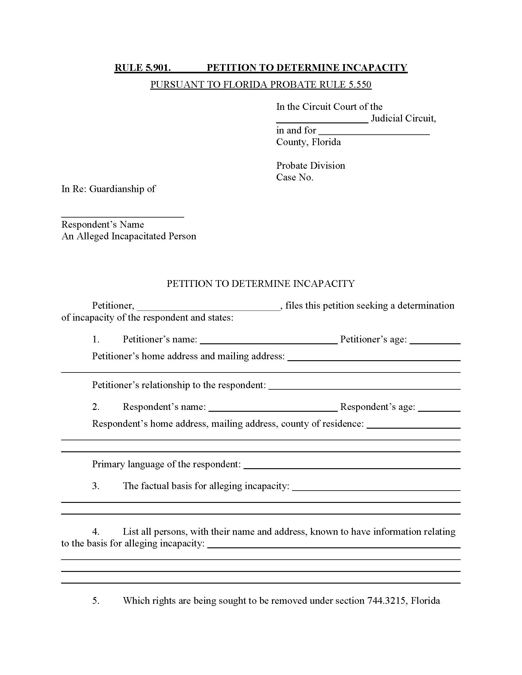 Petition To Determine Incapacity {5.901} | Pdf Fpdf Docx | Florida