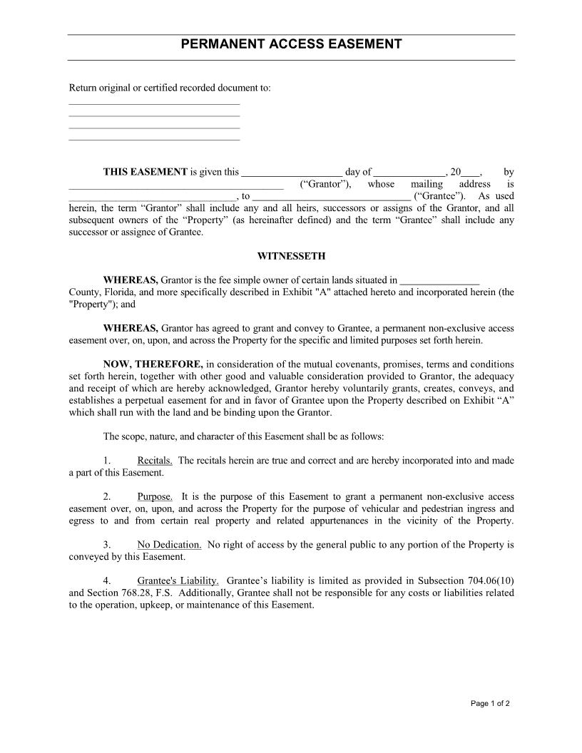 Easement Deed (Permanent Access Easement) | Pdf Fpdf Docx | Florida