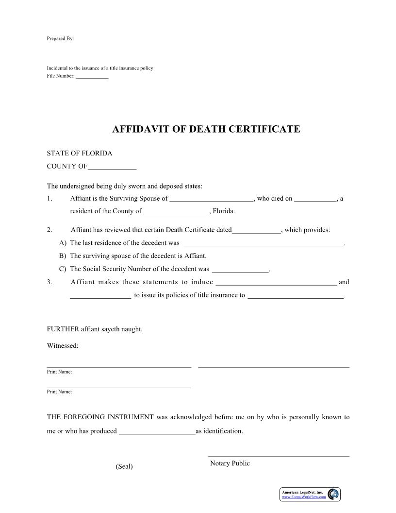 Affidavit Of Death Certificate | Pdf Fpdf Docx | Florida