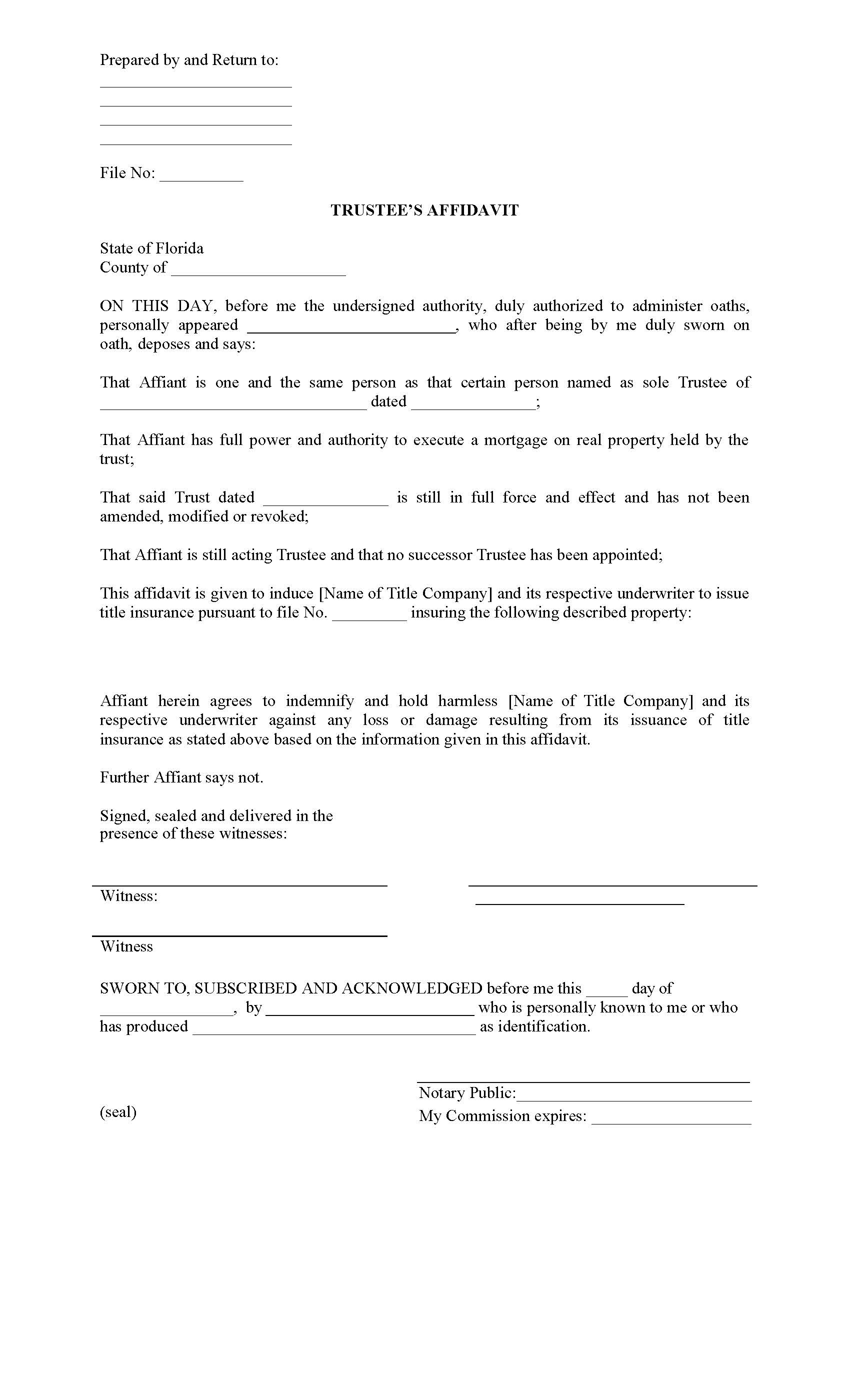 Affidavit Of Trustee | Pdf Fpdf Docx | Florida