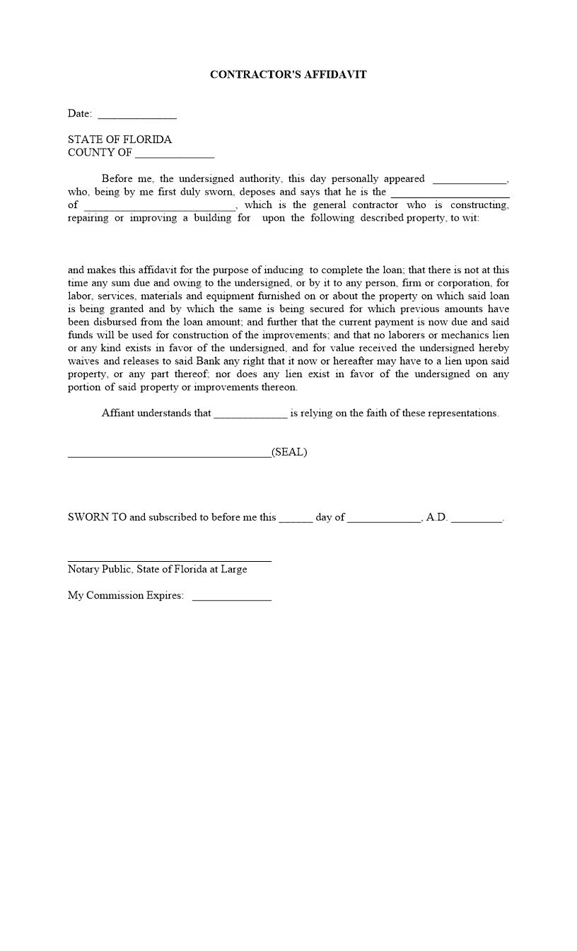 Contractors Affidavit | Pdf Fpdf Docx | Florida