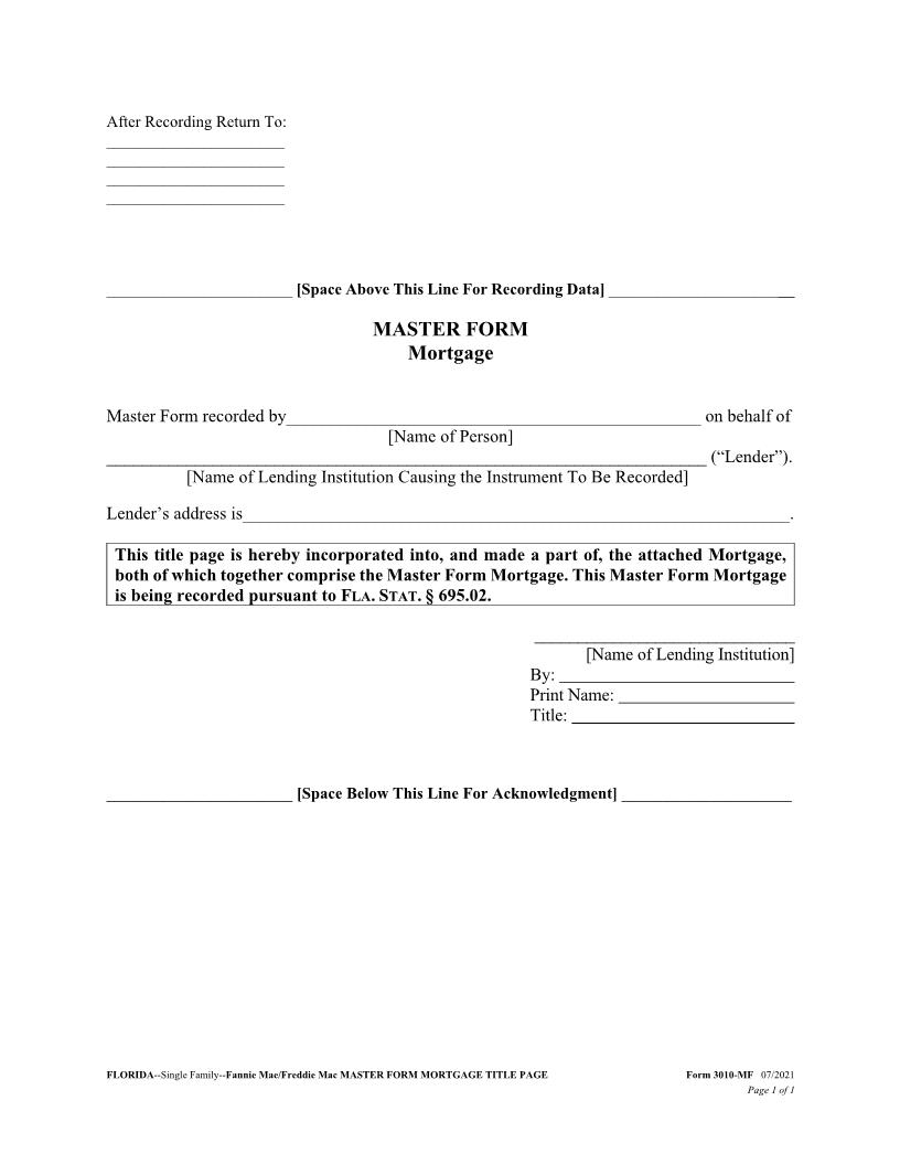 Master Form Mortgage (Title Page Single Family Fannie Mae Freddie Mac) {3010-MF} | Pdf Fpdf Docx | Florida