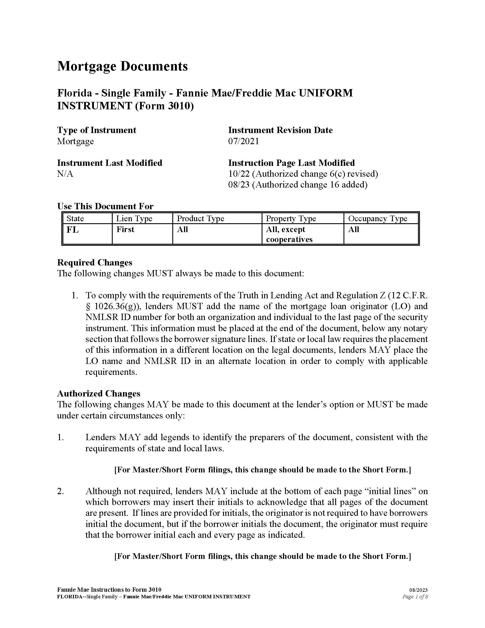 Mortgage Instructions (Form 3010 Mandatory And Optional Additions) | Pdf Fpdf Docx | Florida