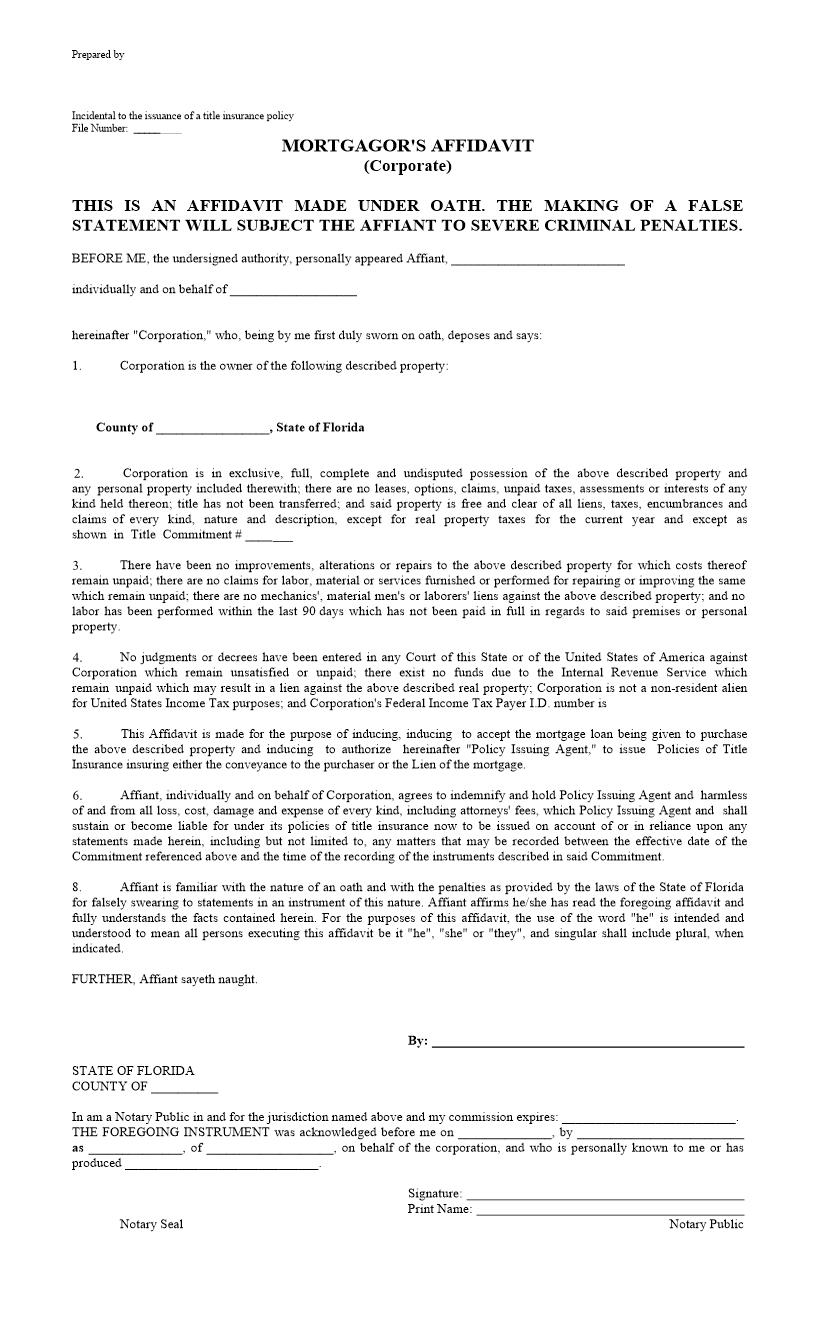 Mortgagors Affidavit (Corporate) | Pdf Fpdf Docx | Florida