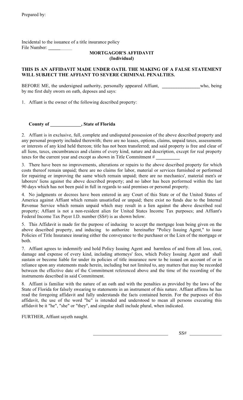 Mortgagors Affidavit (Individual) | Pdf Fpdf Docx | Florida
