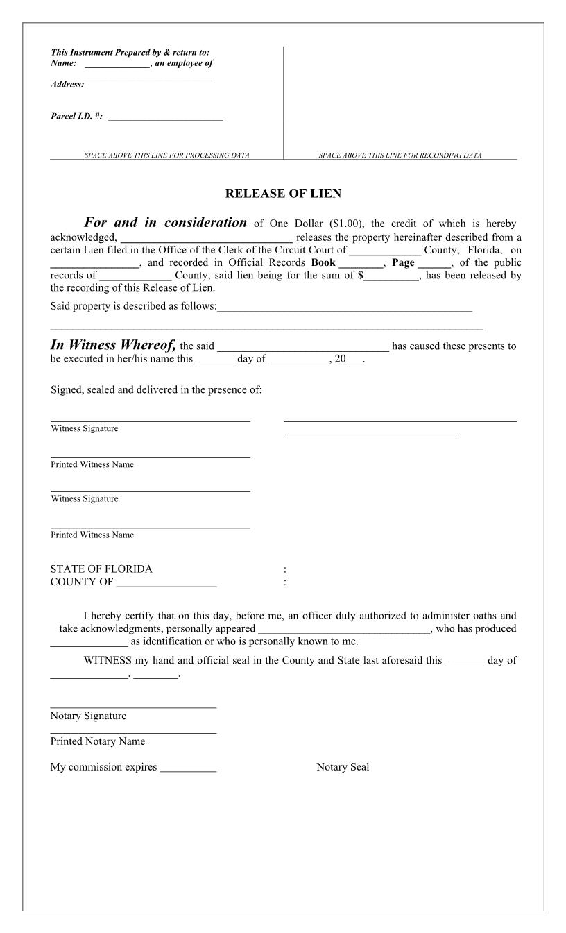 Partial Release Of Lien | Pdf Fpdf Docx | Florida