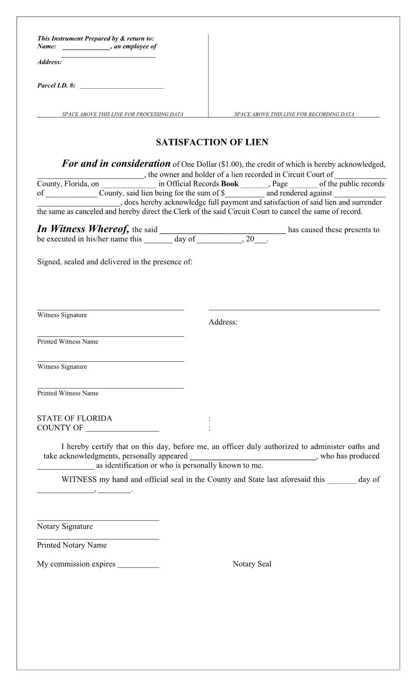 Satisfaction Of Lien | Pdf Fpdf Docx | Florida