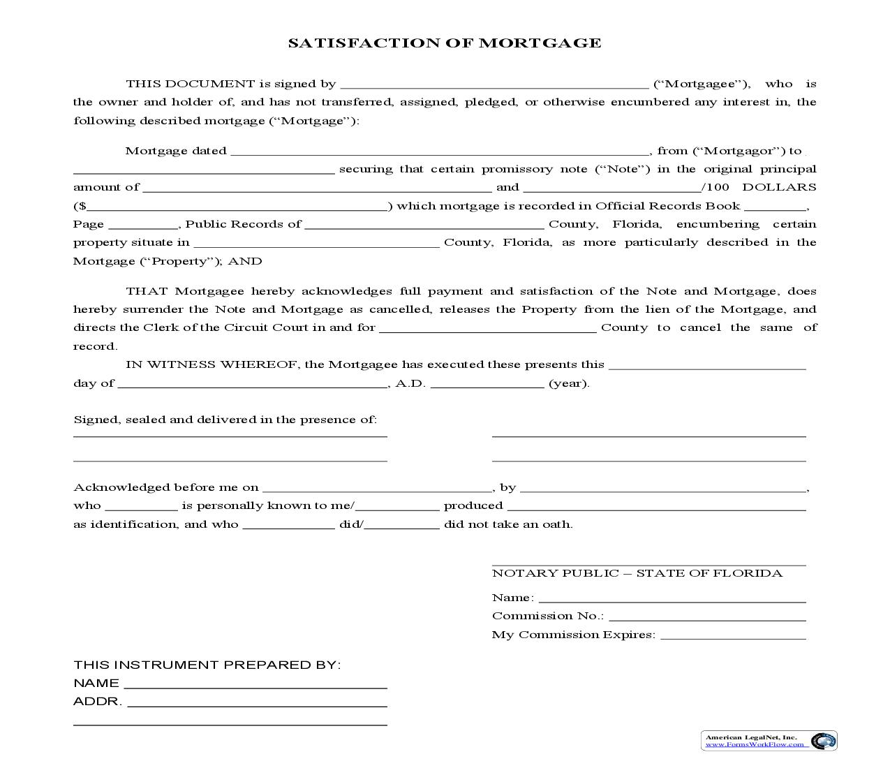 Satisfaction Of Mortgage | Pdf Fpdf Doc Docx | Florida